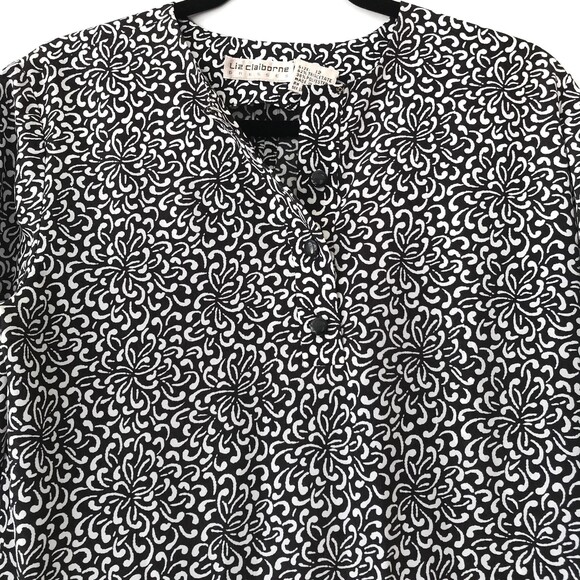 SOLD!! Liz Claiborne 12 Black White Layered 3/4 Sleeve Floral Pullover Dress - Picture 2 of 7